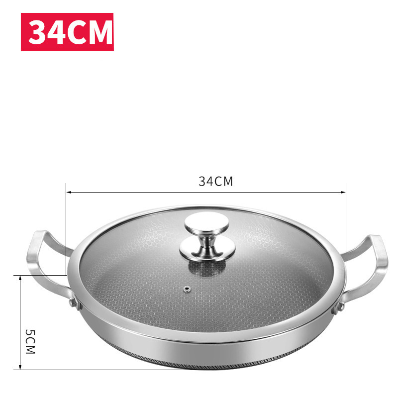 Stainless Steel  Flat Frying Pan With Cooking Lid Skillet Pan With Ears Non-stick Paella Pan Stainless Steel