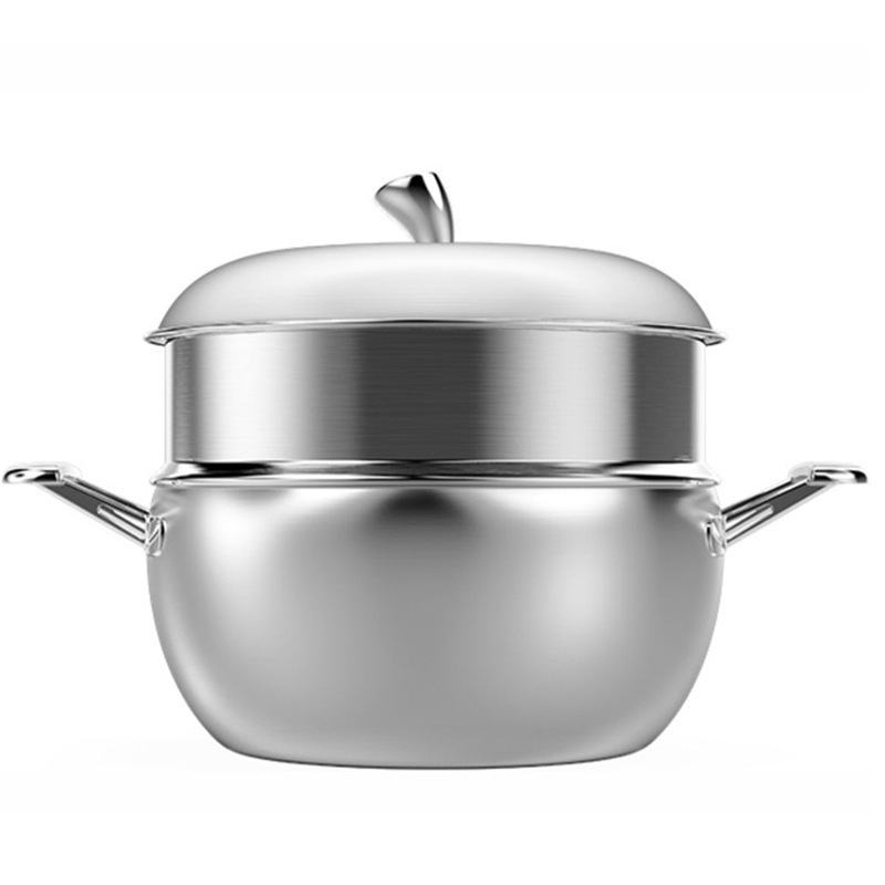 22cm Stainless Steel Steaming Pot Kitchen Cookware Stew Pot with Steamer Apple Shape Soup Pot