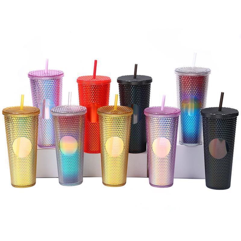 24oz Double-layer Plastic Cup Durian Color-changing Rainbow Gradient Large Capacity Hand Cup