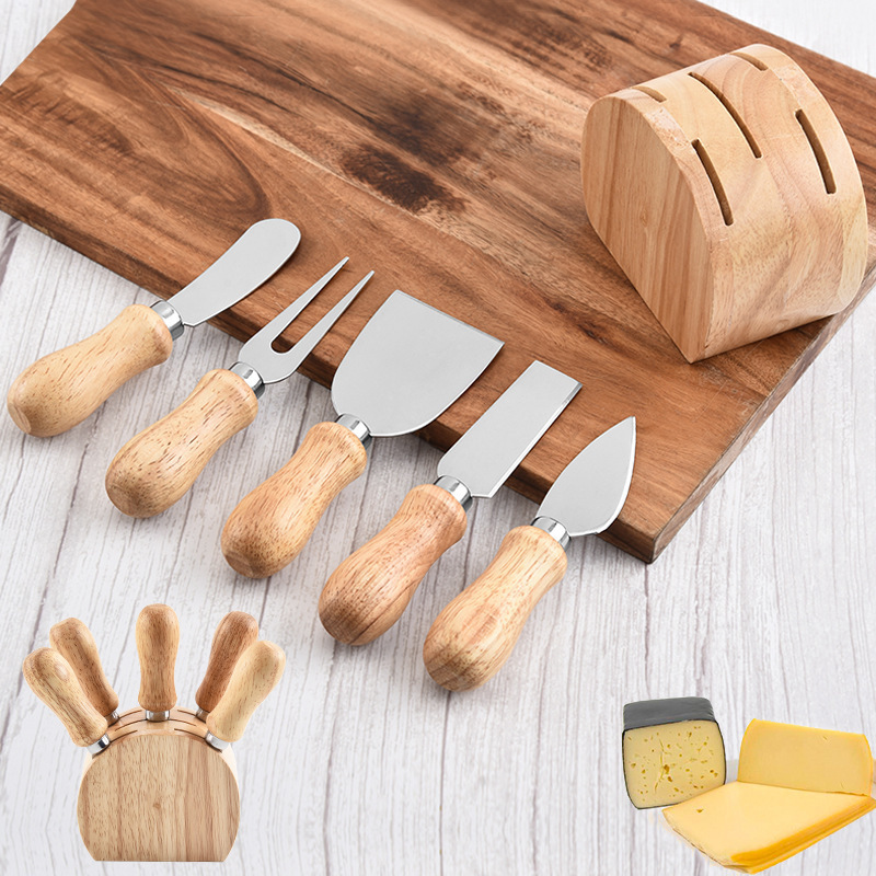 Set 5 Wooden Handle Butter Slice Cheese and Butter Spreader Stainless Steel Butter Knife with Holder