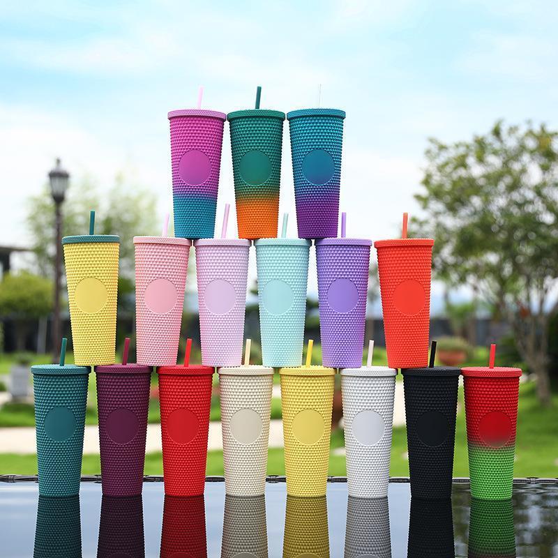 24oz Double-layer Plastic Cup Durian Color-changing Rainbow Gradient Large Capacity Hand Cup