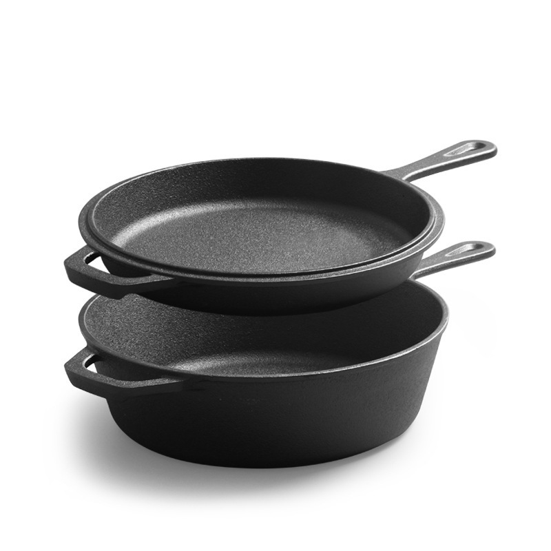 26cm Pre-seasoned Metal Combo Cooker with Long Handle Grill Pan 2 in 1 Cast Iron Dutch Oven