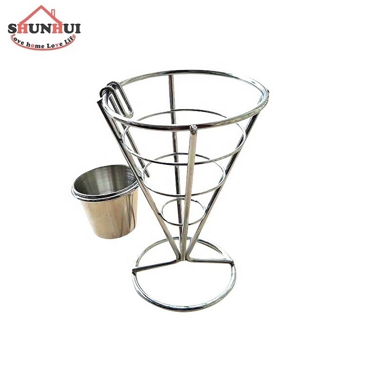 French Fry Stand Cone Basket With Sauce Dripper Wire French Fry Holder