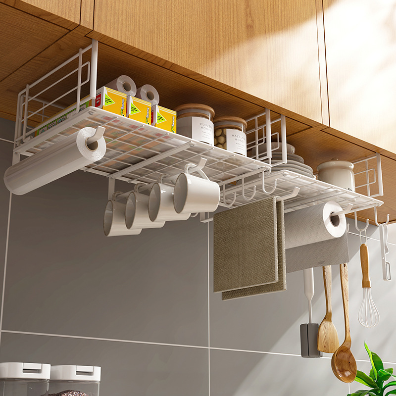 Under Cabinet Hanging Basket Cupboard Organizer Iron Mesh Rack Closet Storage Shelf