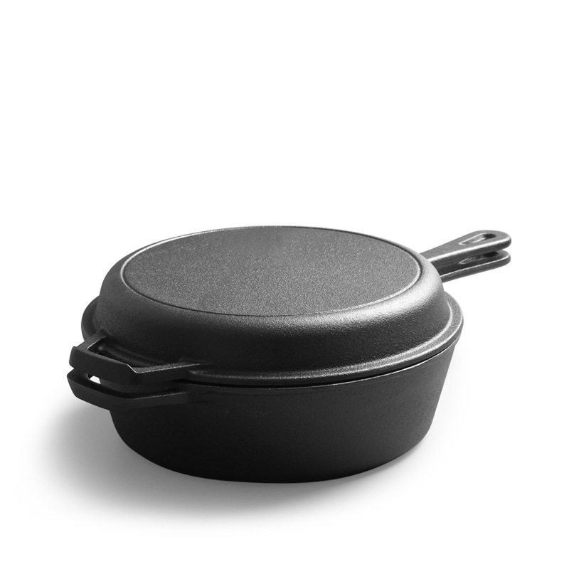 26cm Pre-seasoned Metal Combo Cooker with Long Handle Grill Pan 2 in 1 Cast Iron Dutch Oven