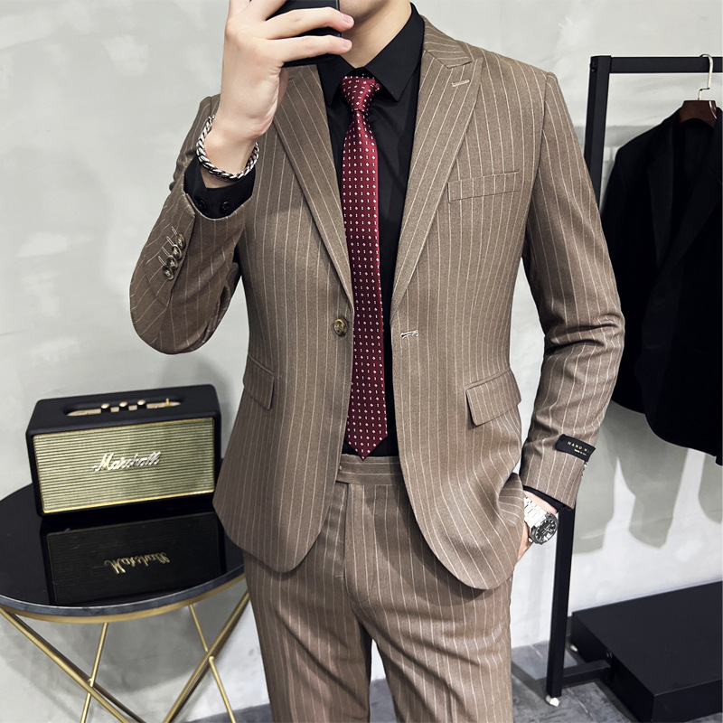 2024 wholesale men Korean version of the brown coffee business formal Slim groom wedding dress single breasted striped suit