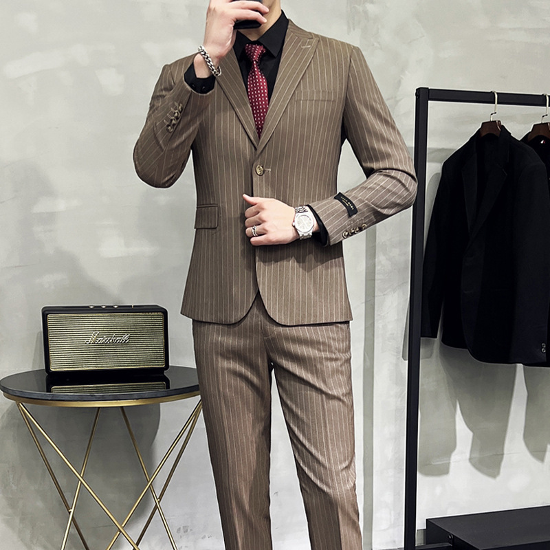 2024 wholesale men Korean version of the brown coffee business formal Slim groom wedding dress single breasted striped suit