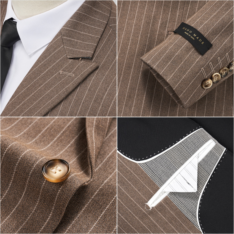 2024 wholesale men Korean version of the brown coffee business formal Slim groom wedding dress single breasted striped suit