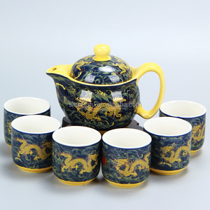 Golden dragon blue glaze ceramic teapot and Ceramic cups assemblage Ceramic tea sets