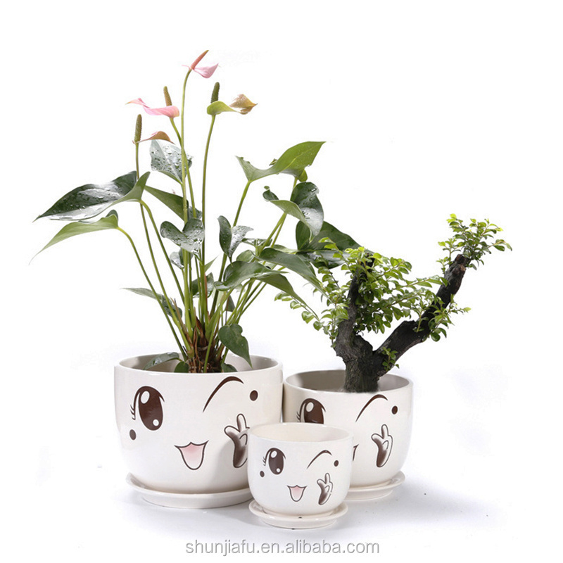 Ceramic Cute Cartoon Smiley Face Flower Pot Sets Ceramic plant pottery pot sets