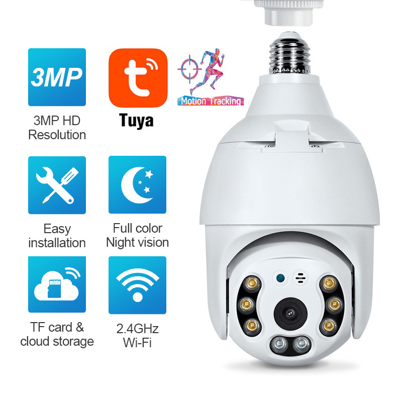 1080p Wifi small home security PTZ camera two-way audio body tracking wireless smart home Mini cctv camera E27 Led bulb holder