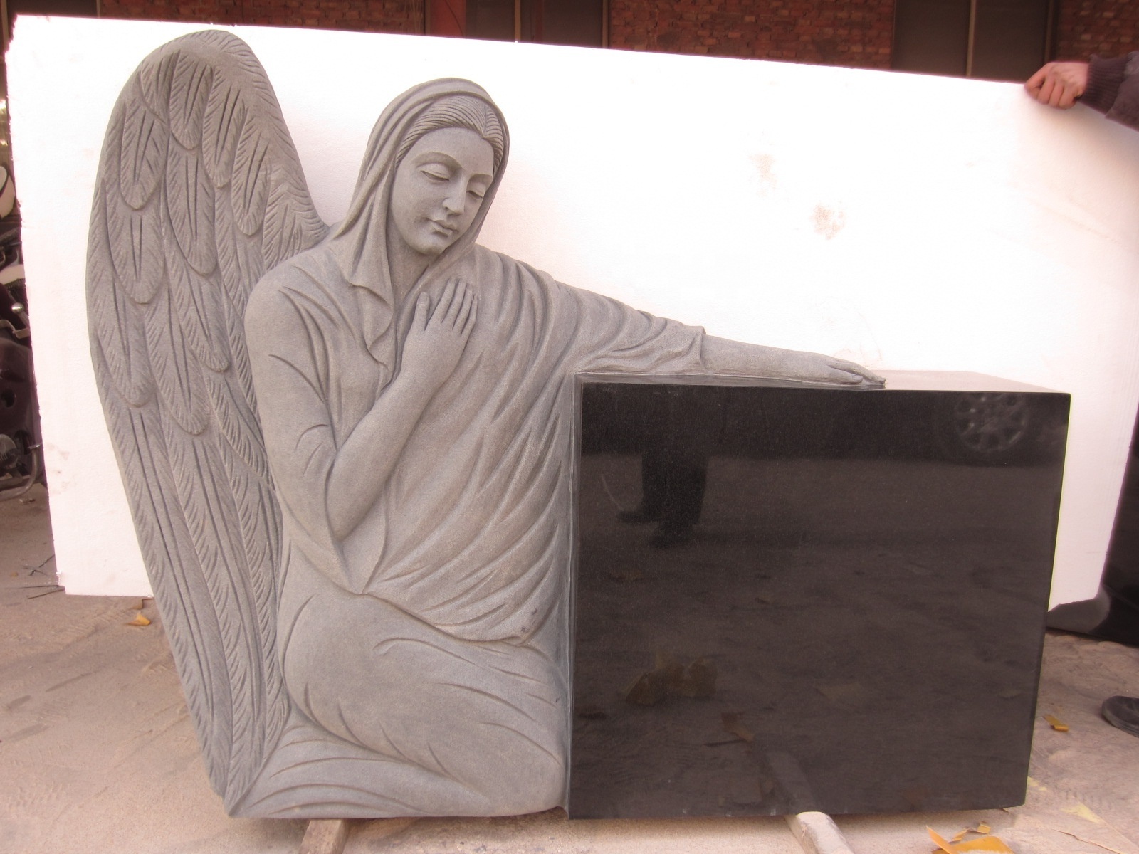 black granite double heart  stone headstone