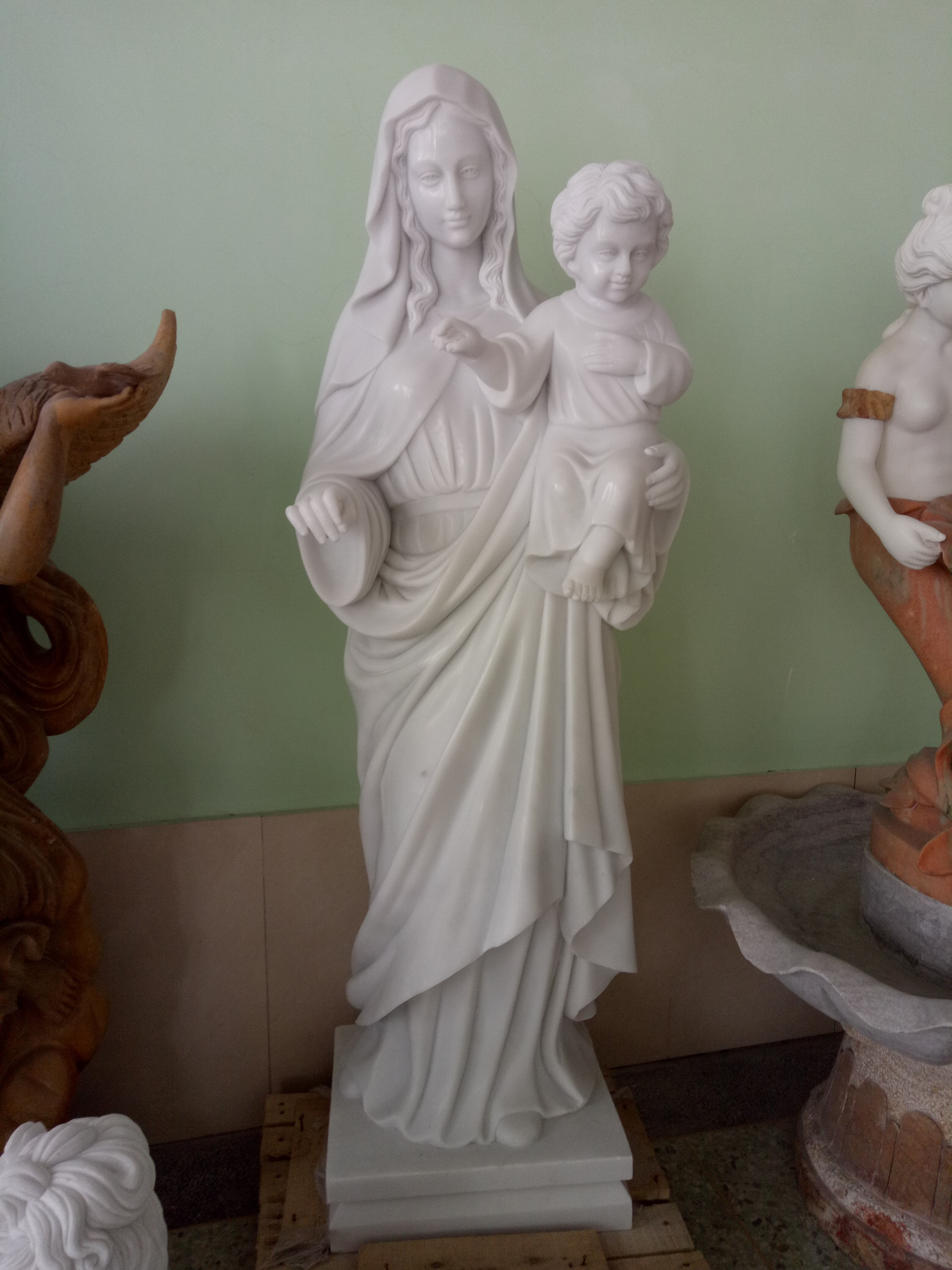 High polished life size white Marble Virgin Mary statue