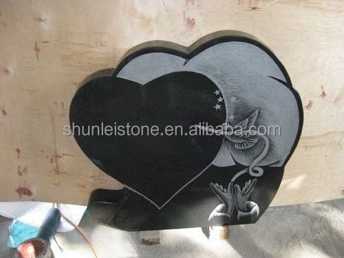 black granite double heart  stone headstone