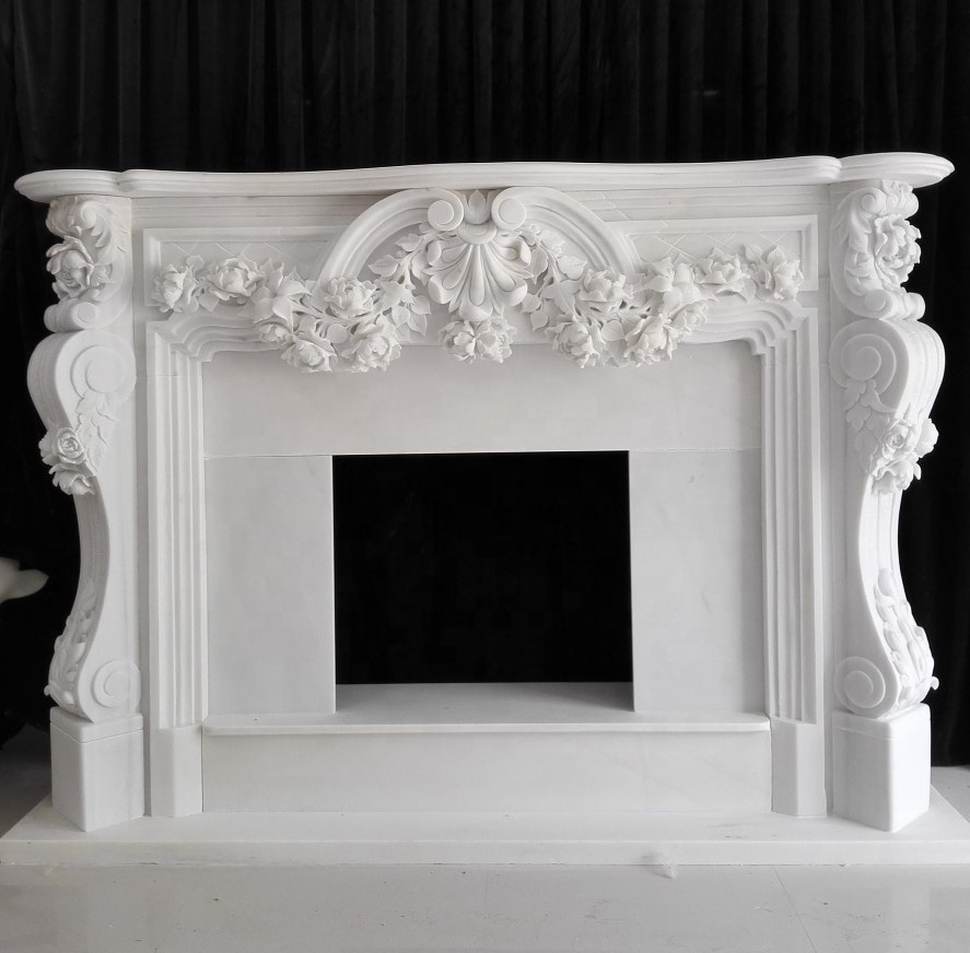 Pure White Marble Sculptured Decoration Fireplace