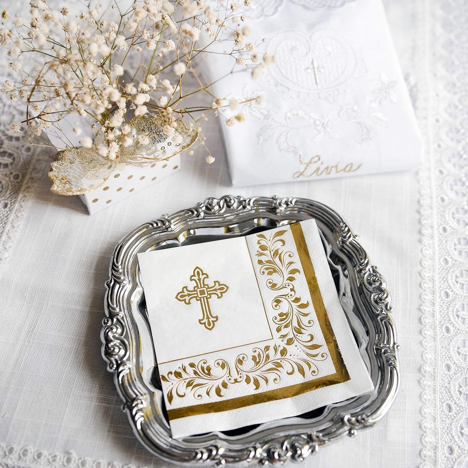 Gold Foil Napkins | 3-Ply Small Beverage Napkins with Decorative Accents for Baby Shower, Wedding, Party and Baptism