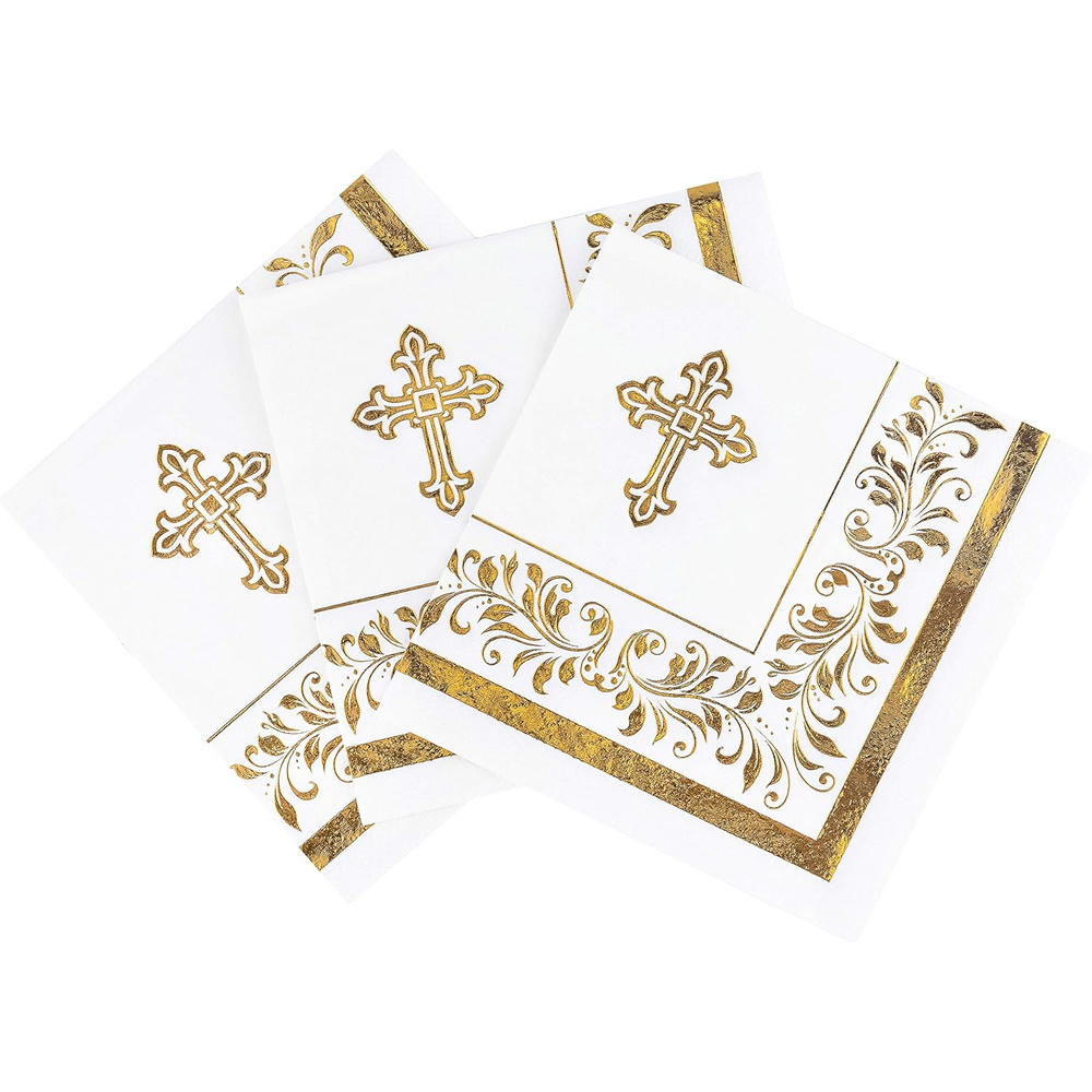 Gold Foil Napkins | 3-Ply Small Beverage Napkins with Decorative Accents for Baby Shower, Wedding, Party and Baptism