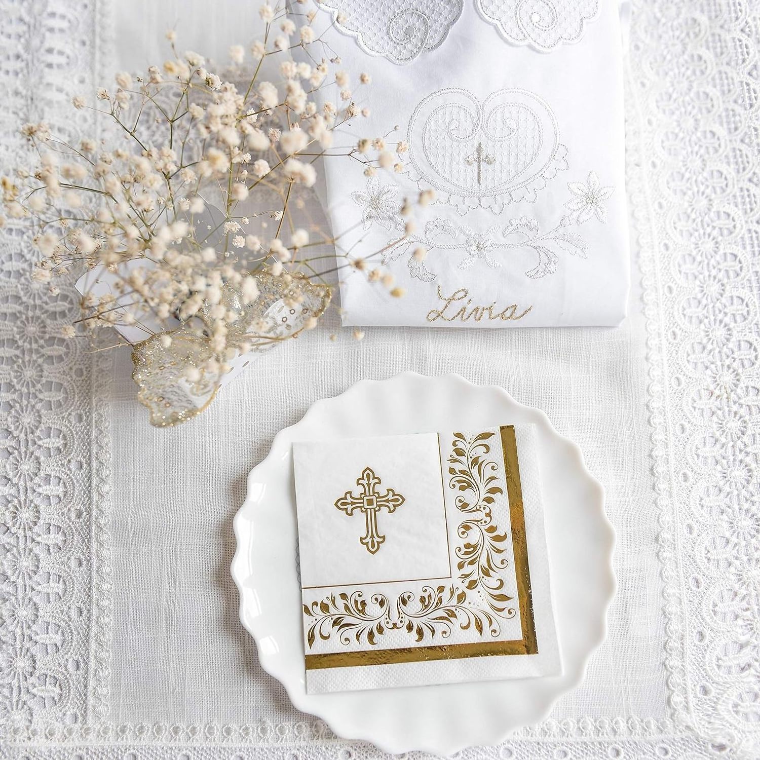 Gold Foil Napkins | 3-Ply Small Beverage Napkins with Decorative Accents for Baby Shower, Wedding, Party and Baptism