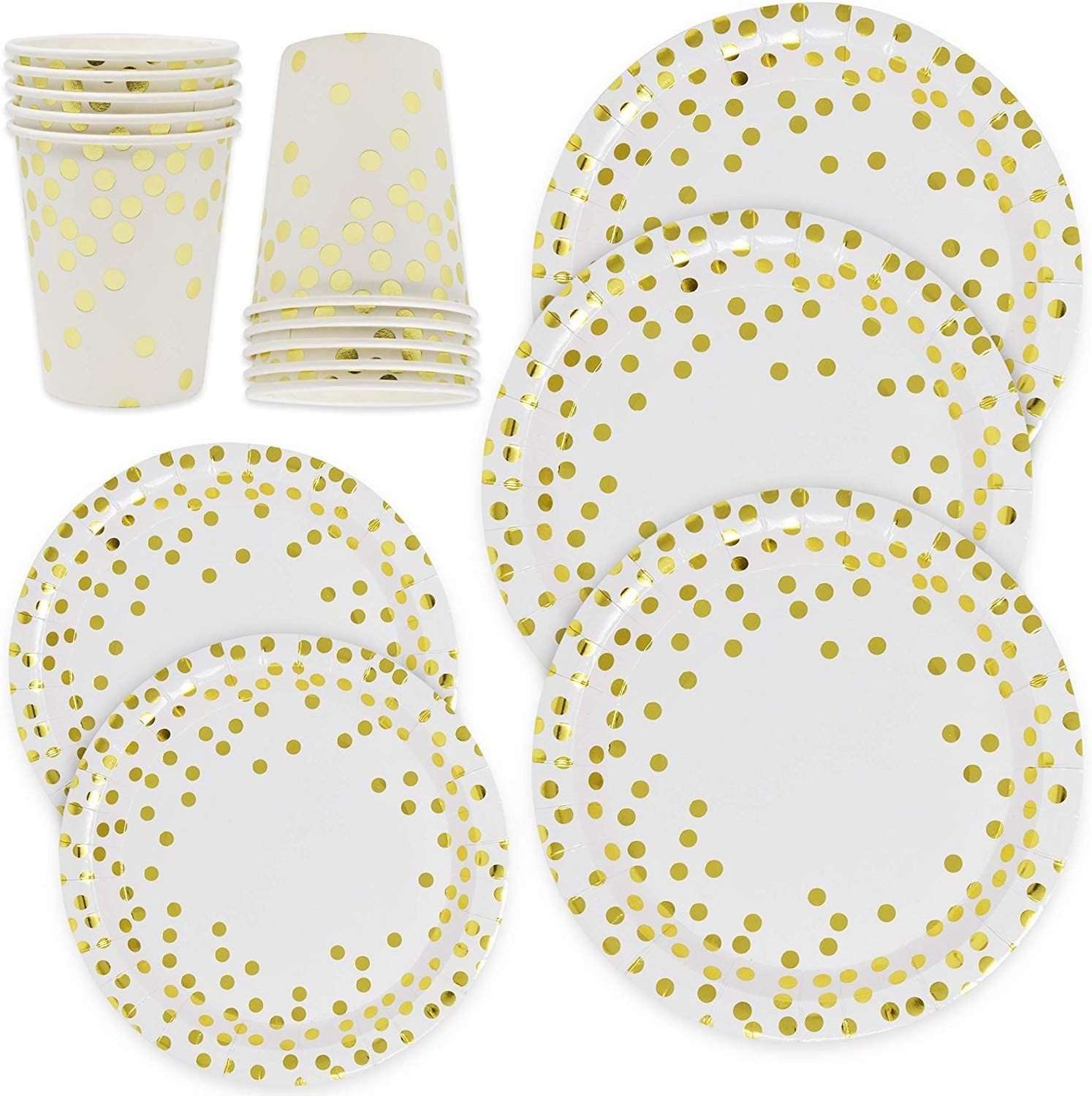 Disposable Dinnerware Set Gold Confetti Pack Paper Plates Napkins Cups Rose Gold Plastic straw Forks Knives Spoons for party