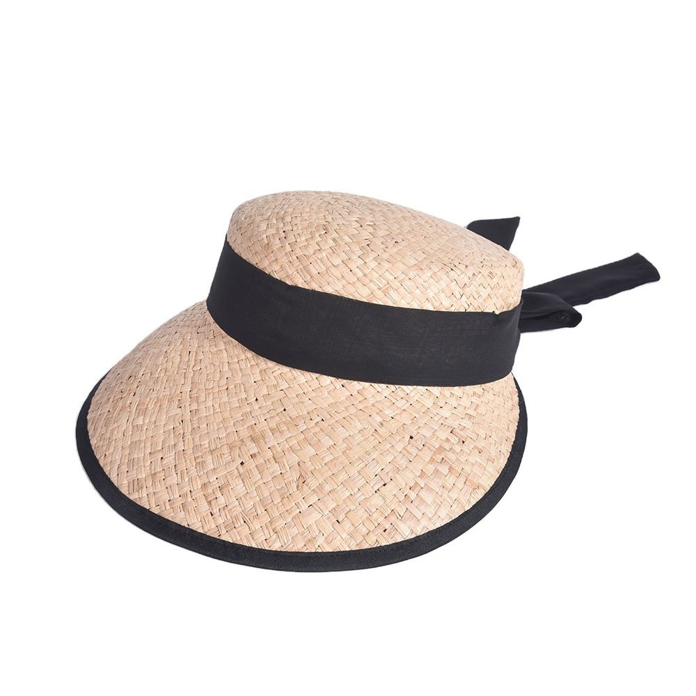 Customized Sun Visor Straw Hat for Women Natural Summer Dobby French Female Style with Plain Dyed Flower & Bowknot