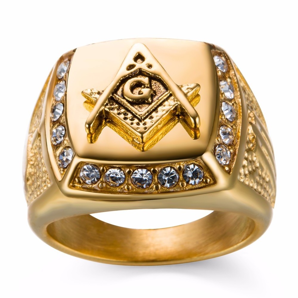 Master Freemason Masonic Signet Rings Stainless Steel Iced Out Crystal Bling Gold Ring for Men Hip Hop Jewelry