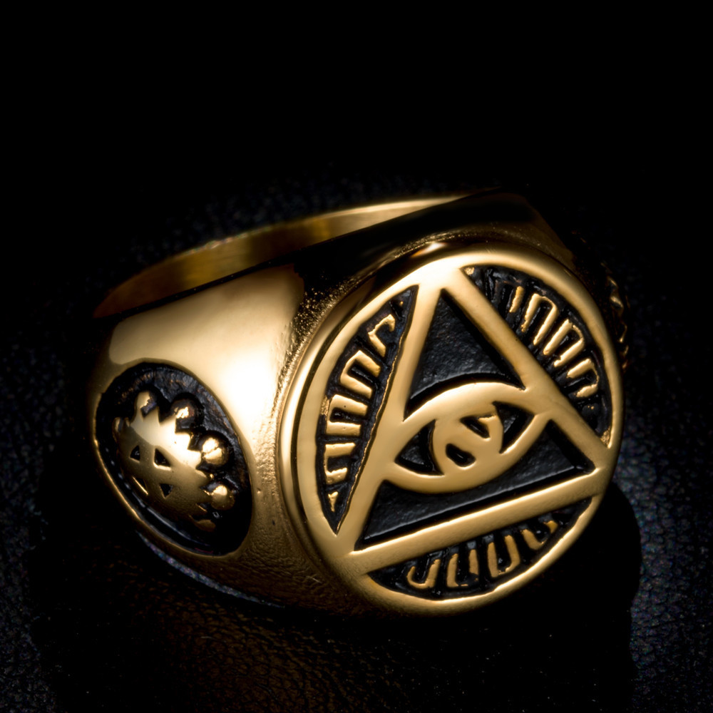 Gold plated High grade Mens Illuminati The All-seeing-eye illunati pyramid/eye symbol Stainless steel casting ring