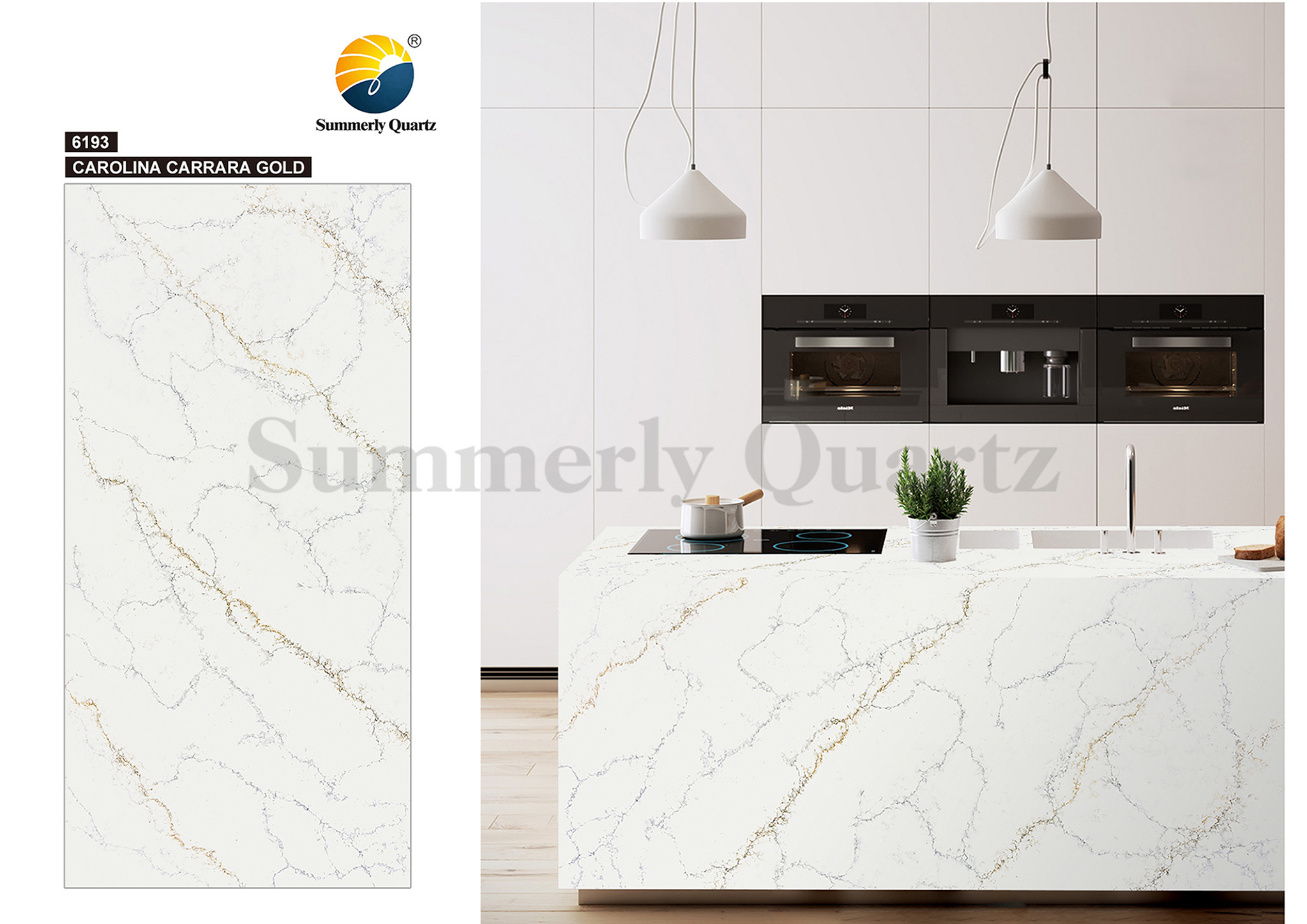 Low Silica Carrara Gold artificial stone with black and gold veins high quality kitchen countertop quartz slab