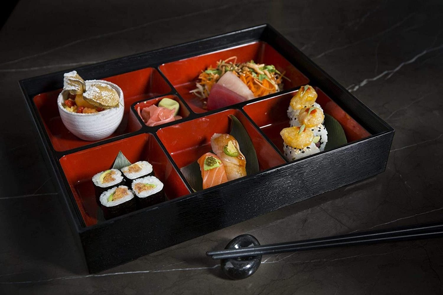 Traditional Sushi Box With Lid 6 Compartment Food Container Lunch Japanese Bento Box