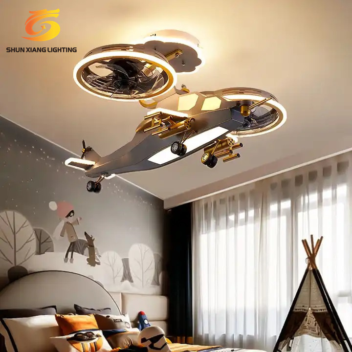 Decoration Cartoon Helicopter Remote Control  Modern Smart remote control designer helicopter Led Aircraft Ceiling Fan ForChildr