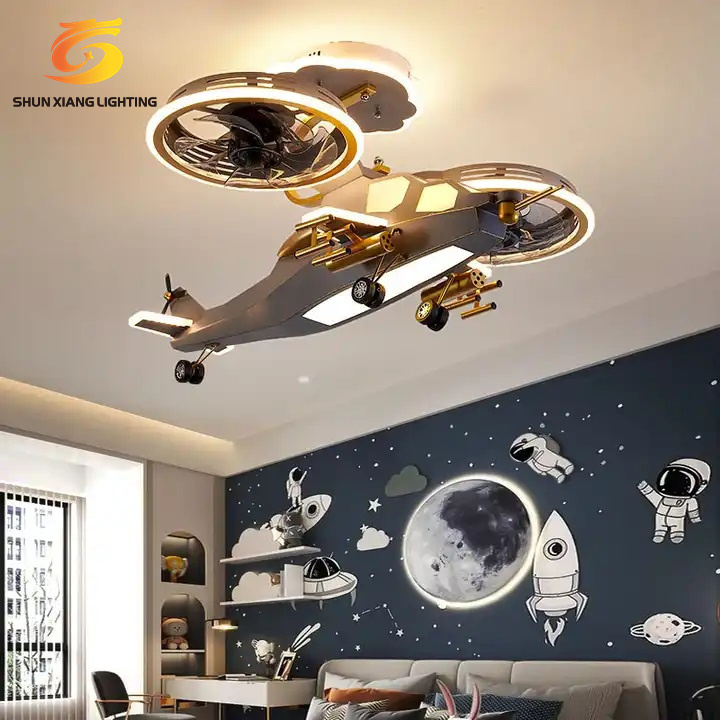 Decoration Cartoon Helicopter Remote Control  Modern Smart remote control designer helicopter Led Aircraft Ceiling Fan ForChildr