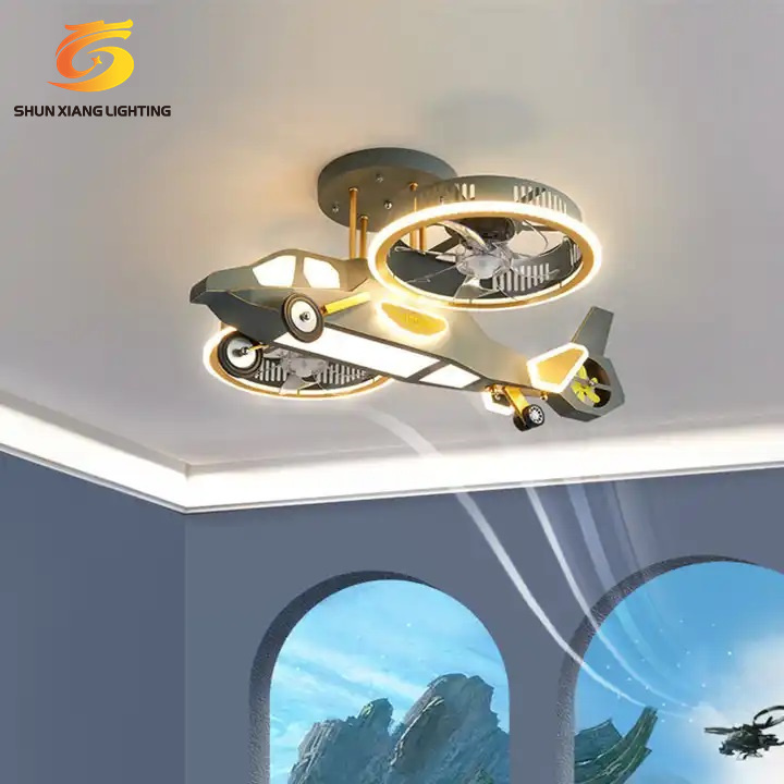 Decoration Cartoon Helicopter Remote Control  Modern Smart remote control designer helicopter Led Aircraft Ceiling Fan ForChildr