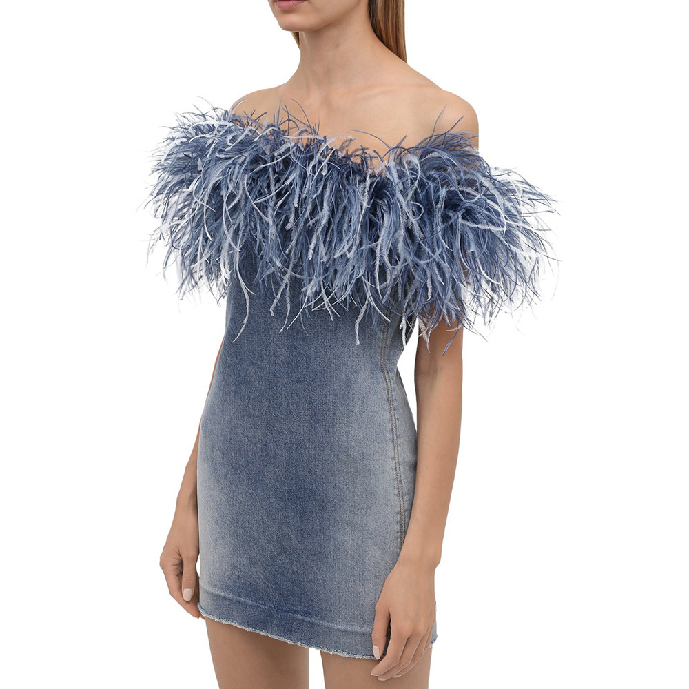 Wholesale Strapless Off Shoulder Ostrich Cotton Slim Feather Denim Dress Skirt for Women Ladies