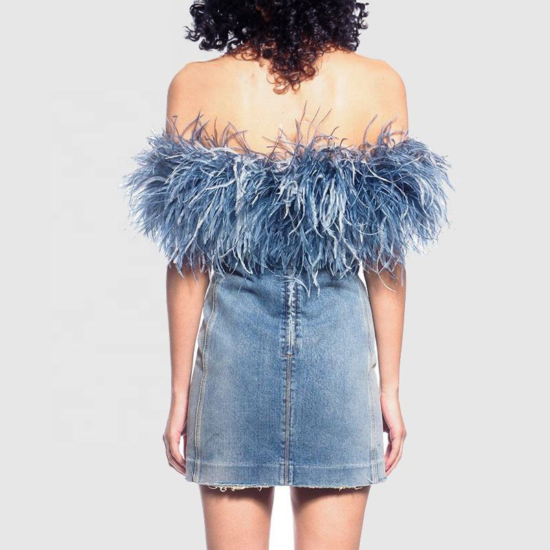 Wholesale Strapless Off Shoulder Ostrich Cotton Slim Feather Denim Dress Skirt for Women Ladies