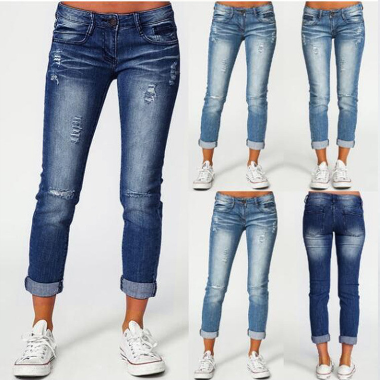 Wholesale Ripped Ladies Jeans Mid-rise Slim Fit Long Boyfriend Jeans Latest Boyfriend Jeans for Ladies