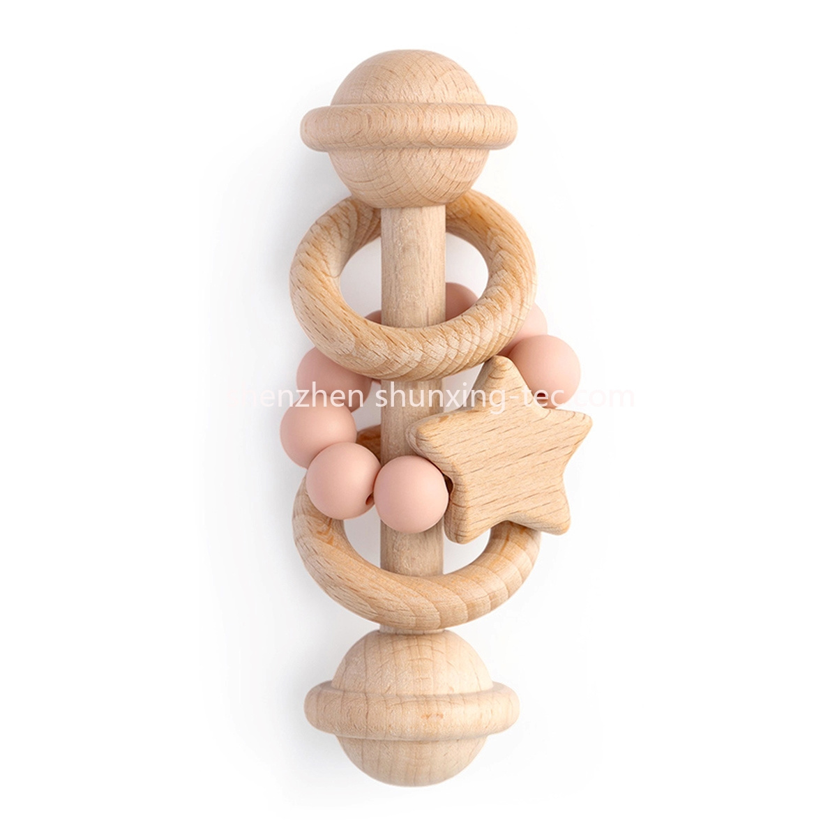 1 Pieces Beech Wooden Ring Baby Rattle Toys for Babies 0-6 and 6-12 Months With Chew Silicone Beads Teething Teether