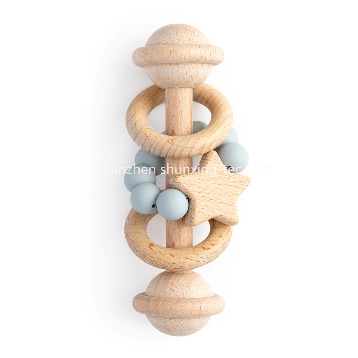 1 Pieces Beech Wooden Ring Baby Rattle Toys for Babies 0-6 and 6-12 Months With Chew Silicone Beads Teething Teether