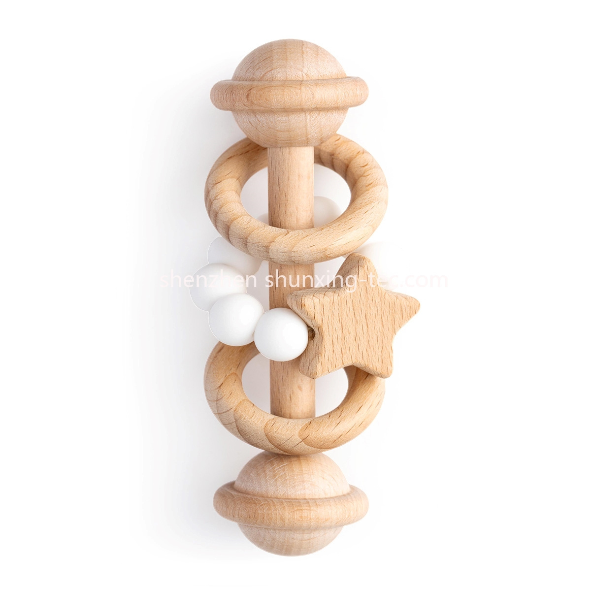 1 Pieces Beech Wooden Ring Baby Rattle Toys for Babies 0-6 and 6-12 Months With Chew Silicone Beads Teething Teether