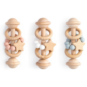 1 Pieces Beech Wooden Ring Baby Rattle Toys for Babies 0-6 and 6-12 Months With Chew Silicone Beads Teething Teether