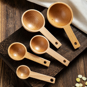 Home Kitchen Utensil Accessories Wooden Round Coffee Measuring Spoons Scoop Long Handle Seasoning Beech Measure Spoons