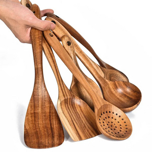 Kitchen Utensils Set Cooking Gadgets Durable Non stick Natural Teak Wood Kitchen Spoon Rice Colander