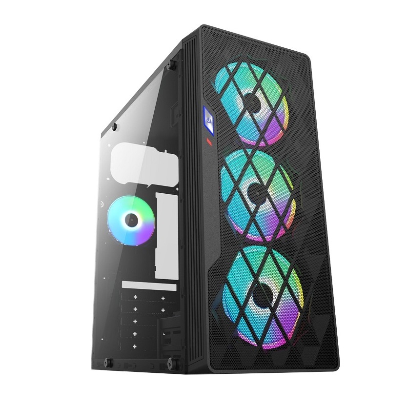 Mesh Metal Front Panel Tempered Glass Side Full Tower ATX Computer Case with RGB Fans