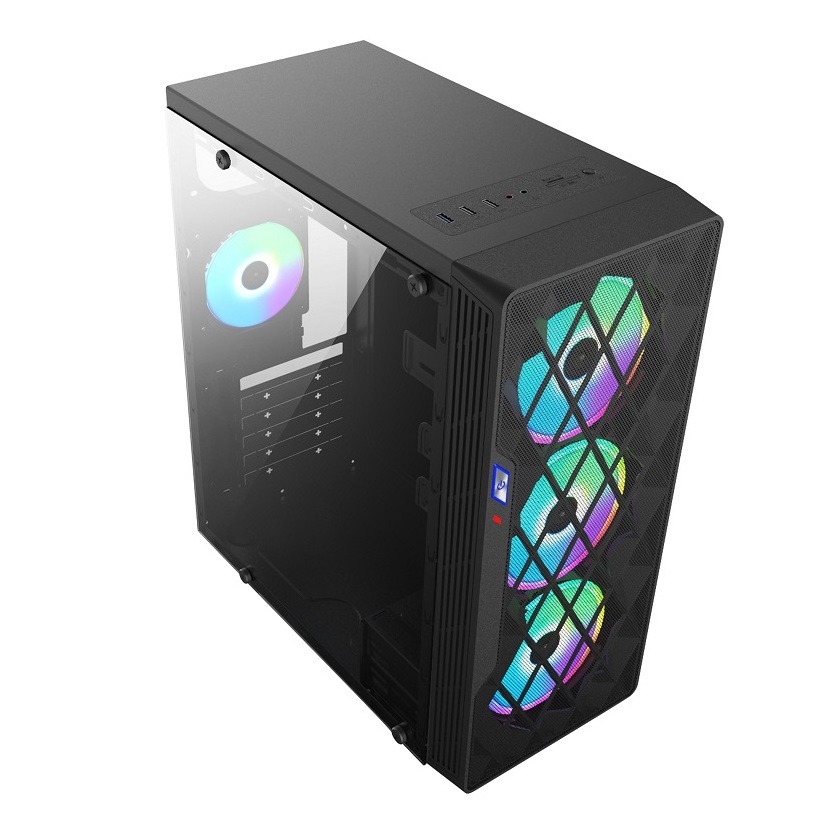 Mesh Metal Front Panel Tempered Glass Side Full Tower ATX Computer Case with RGB Fans