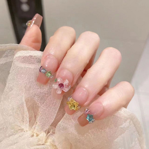 Handmade 10pcs Fashion Women Ladies Girls Short Faux Artificial Finger Hand Fingernails Tips Summer 3D Flower False Nails