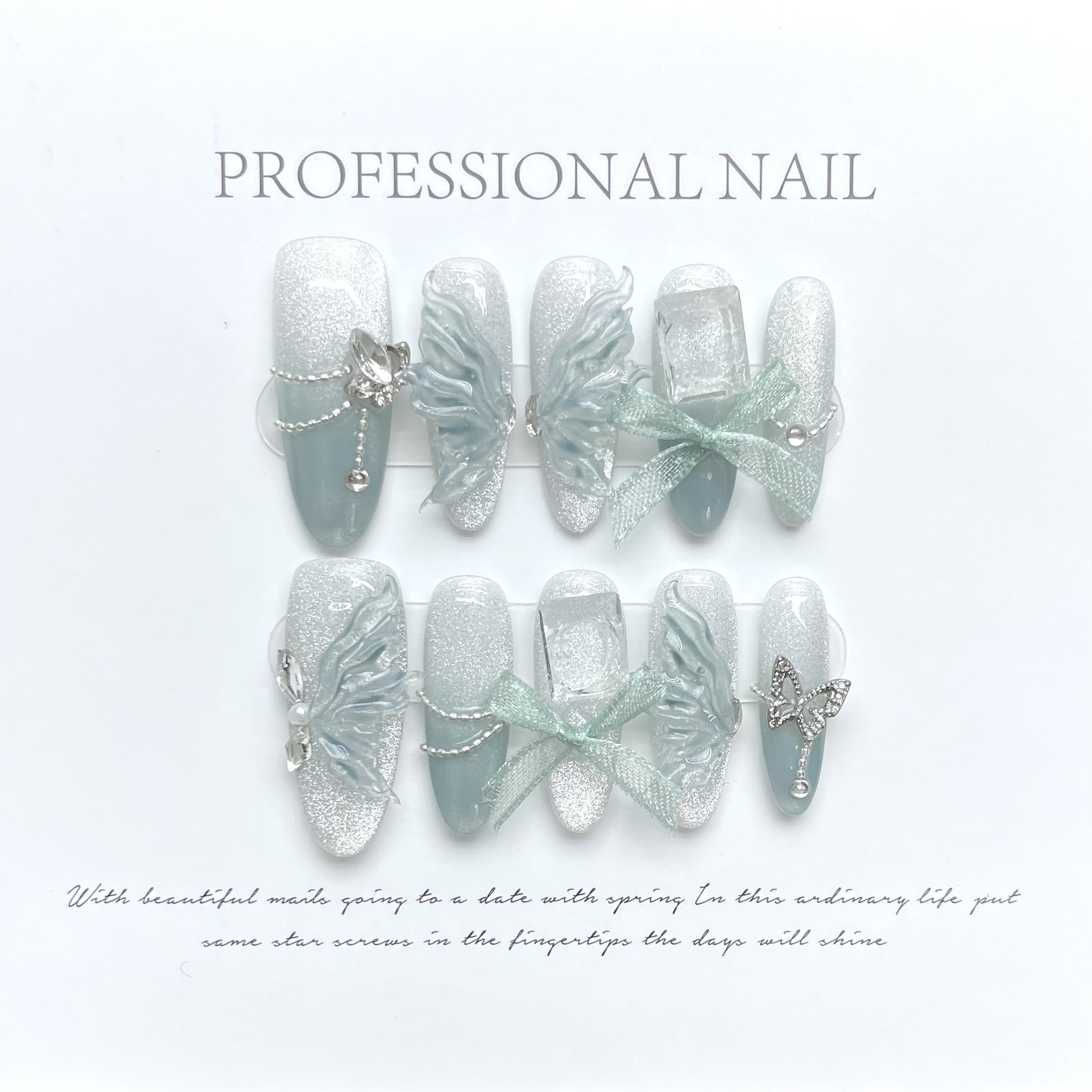 10 Pcs Top Selling  Butterfly Stone Acrylic Wholesale Luxury Press on Nails Customization Packaging Handmade Wear Nail