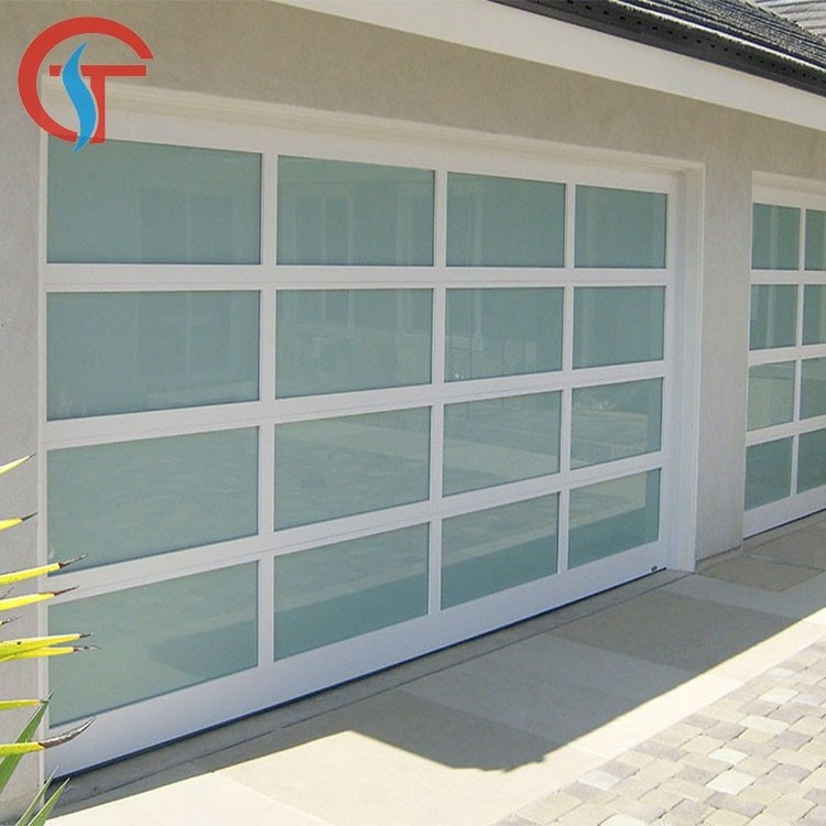 Frosted Plexiglass Overhead Sliding Glass Panel Garage Door with Pedestrian Door