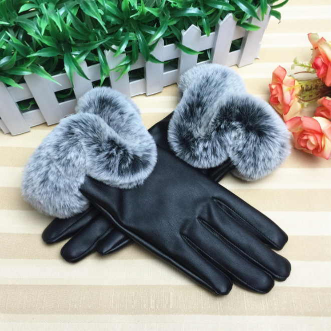 Fashion Ladies PU Leather Gloves Fur Lined Winter Thick Waterproof Long Ladies Leather Gloves