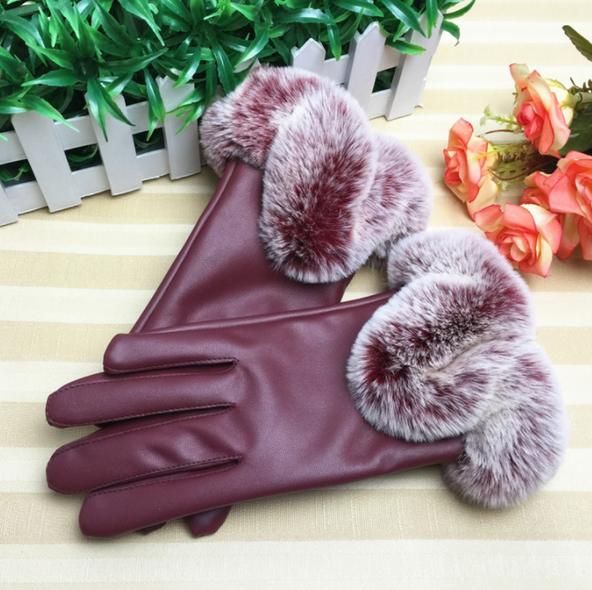 Fashion Ladies PU Leather Gloves Fur Lined Winter Thick Waterproof Long Ladies Leather Gloves