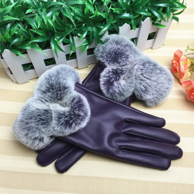 Fashion Ladies PU Leather Gloves Fur Lined Winter Thick Waterproof Long Ladies Leather Gloves