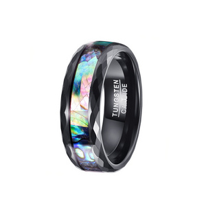 new 8mm Luxury BLACK polished faceted two edge+ middle tungsten steel ring with abalone shell for men finger rings