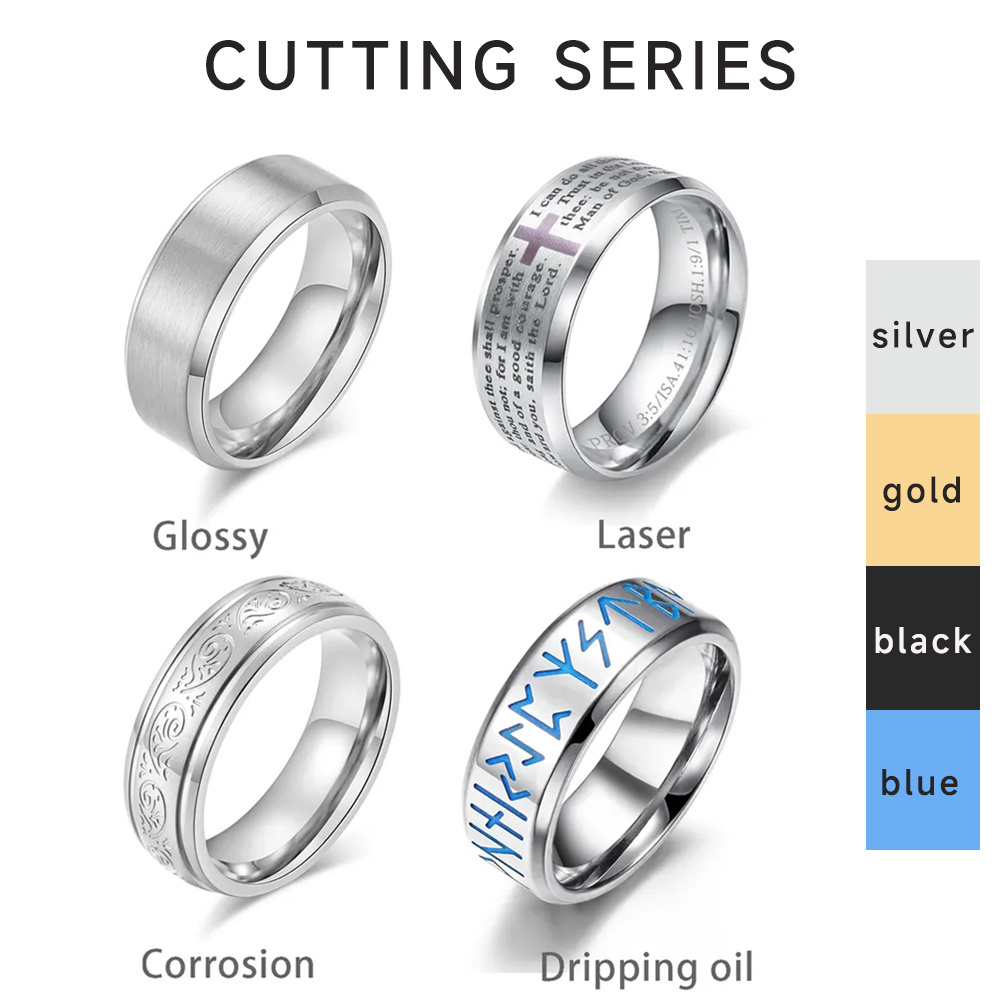 OEM ODM Stainless steel rings silver black rose gold cutting corrosion dripping laser rotatable Stainless steel custom rings